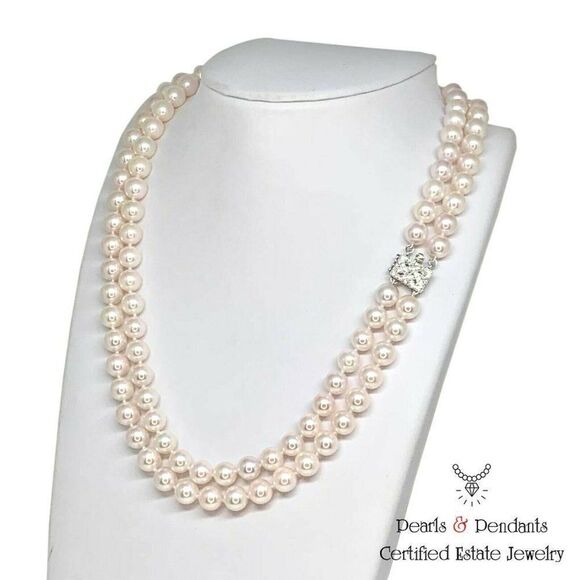 Diamond Akoya Pearl Necklace 8 mm 14k Gold 2-Strand Certified $9,750 010928 - Picture 7 of 8